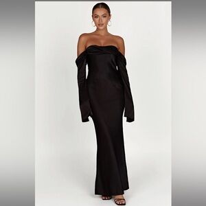 Meshki Giselle medium size black satin maxi dress